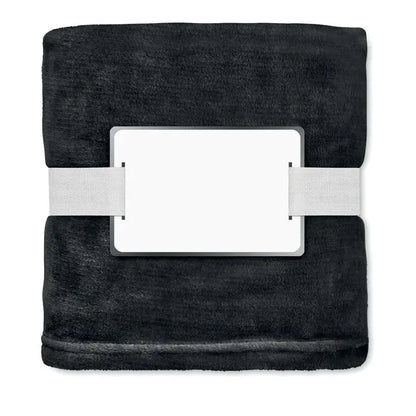 Patura din lana rpet neagra 280 gr/m² cu eticheta alba si benzi elastice gri pentru depozitare