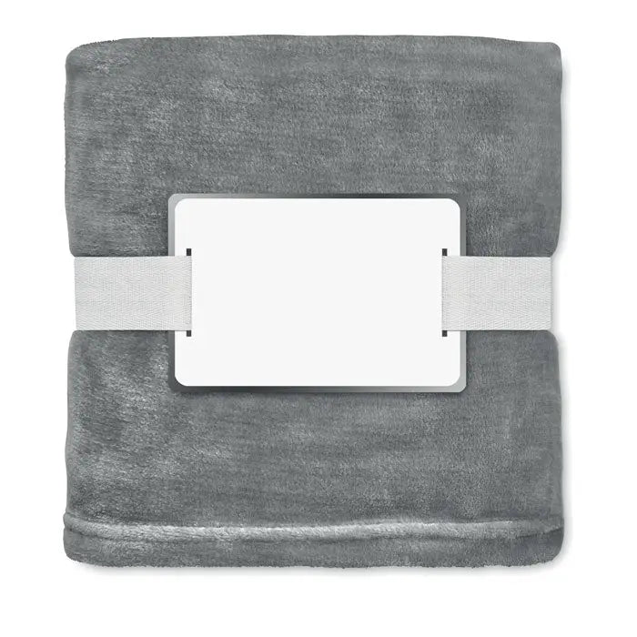 Patura din lana rpet 280 gr/m² gri cu benzi elastice gri deschis si eticheta alba, pled moale si calduros