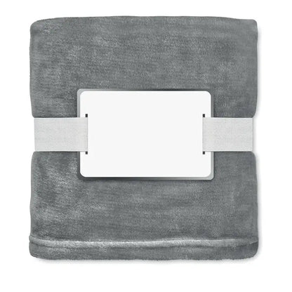 Patura din lana rpet 280 gr/m² gri cu benzi elastice gri deschis si eticheta alba, pled moale si calduros