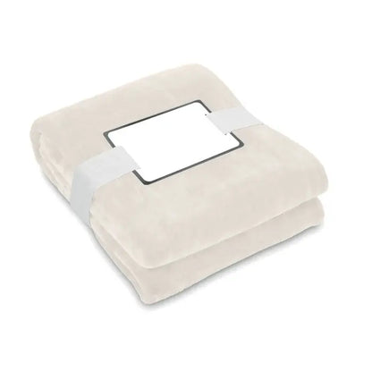 Patură din lână rpet beige cu etichetă albă și panglică gri, densitate 280 gr pe metru pătrat