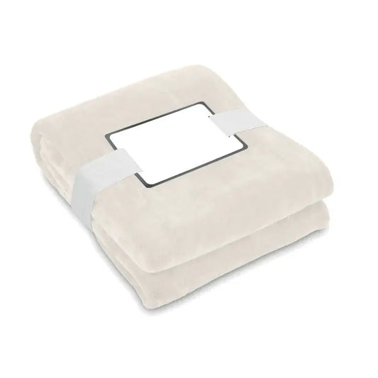 Patură din lână rpet beige cu etichetă albă și panglică gri, densitate 280 gr pe metru pătrat