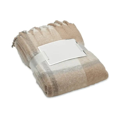 Pătură mohair carouri moale bej și gri cu margine texturată și franjuri pentru decor și confort