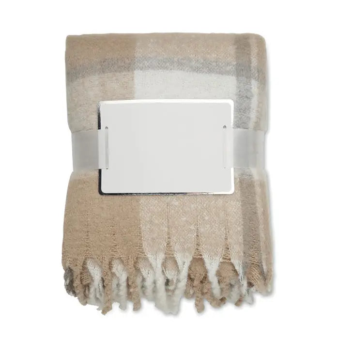 Pătură mohair în carouri bej și gri cu franjuri din material moale și călduros pentru decor acasă