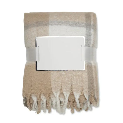 Pătură mohair în carouri bej și gri cu franjuri din material moale și călduros pentru decor acasă