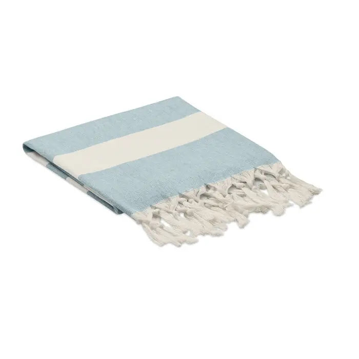 Patura prosop hamman 140 gr/m² din bumbac cu dungi bleu deschis si crem si marginile franjurate