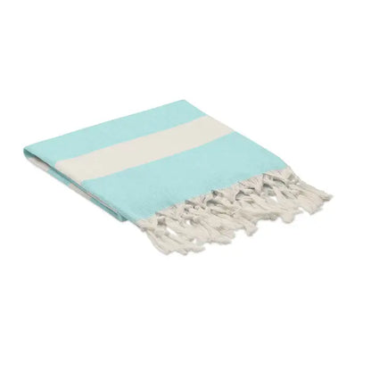 Patura prosop hamman 140 gr/m² cu dungi albastre deschise si crem, material moale pentru hamam cu margini franjurate