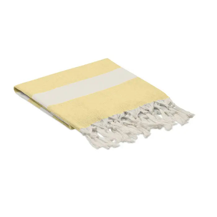 Patura prosop hamman 140 gr/m² galben pal si alb cu dungi si margini ciucurate moale si absorbant