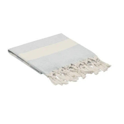 Patura prosop hamman 140 gr/m² turcesc moale gri deschis cu dunga crem si franjuri albi delicati