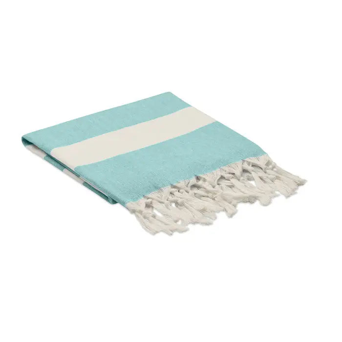 Patura prosop hamman 140 gr/m² turcoaz și crem cu dungi, material ușor și margini franjurate, pliat