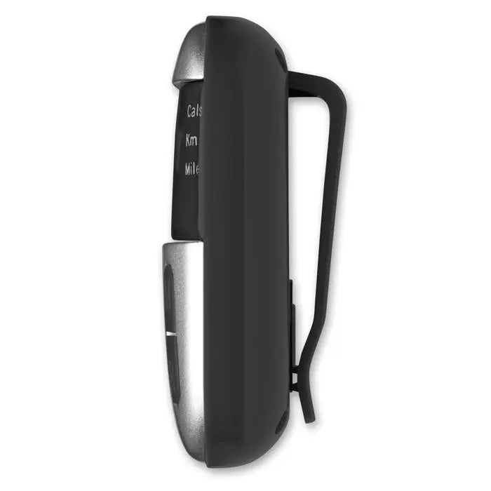 Pedometru clip-on negru si argintiu cu design elegant si compact pentru monitorizarea activitatii zilnice