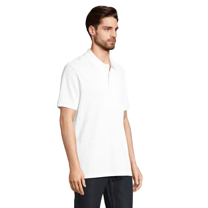 Tricou polo alb pegase organic 210g cu mâneci scurte și guler clasic din bumbac organic