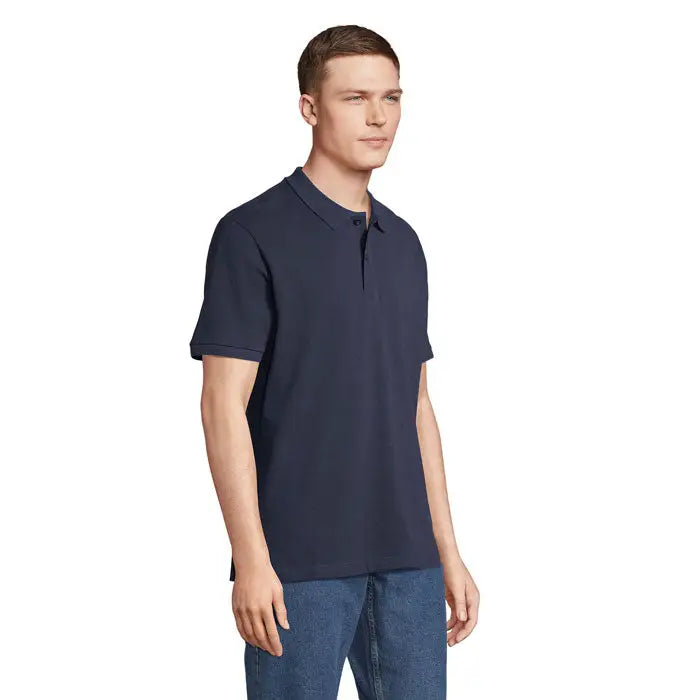 Tricou polo pegase organic 210g bleumarin cu mâneci scurte, guler clasic și fenta cu nasturi din bumbac organic