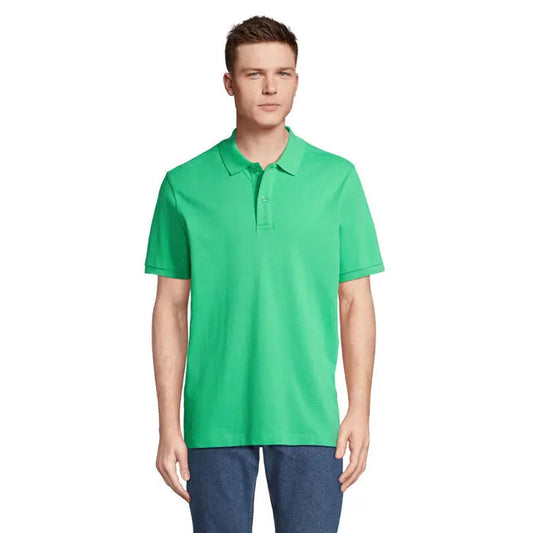 Tricou polo pegase organic 210g verde aprins cu mâneci scurte guler clasic și nasturi pe fanta frontală