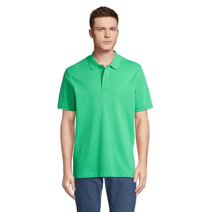 Tricou polo bright green short-sleeved pegase polo organic 210g cu guler clasic si nasturi pe partea din fata
