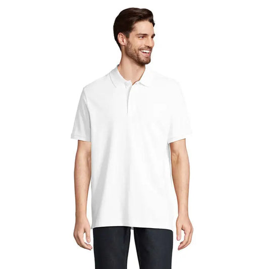 Tricou polo alb pegase organic 210g cu mâneci scurte și guler clasic cu nasturi
