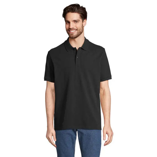 Tricou polo negru cu mânecă scurtă pegase polo organic 210g cu guler clasic și nasturi din material organic