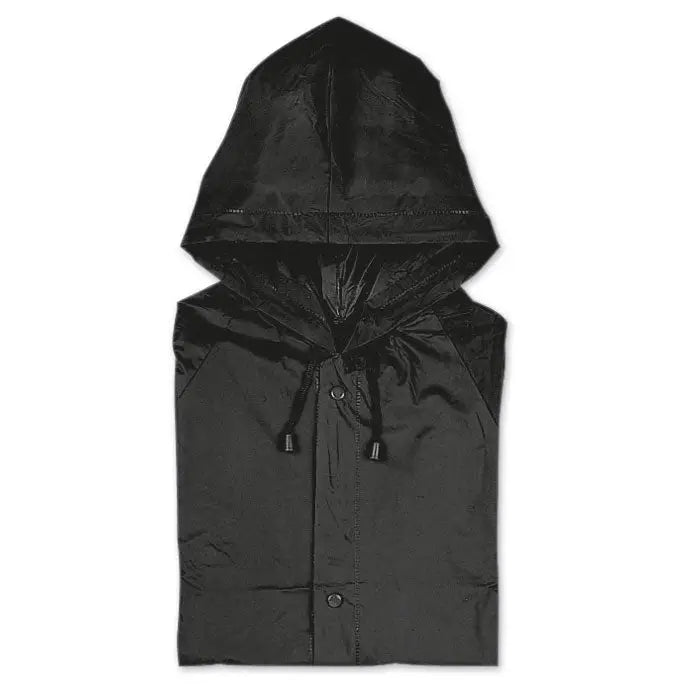 Pelerna de ploaie pvc neagra cu gluga din material lucios rezistent la apa si snur reglabil