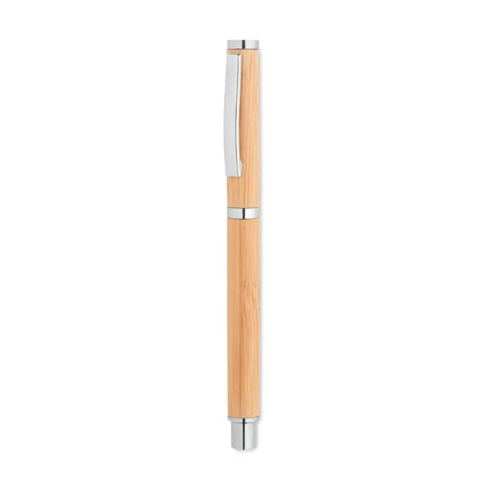 Pen gel din bambus sleek cu accente metalice argintii și clip pentru utilizare elegantă și practică