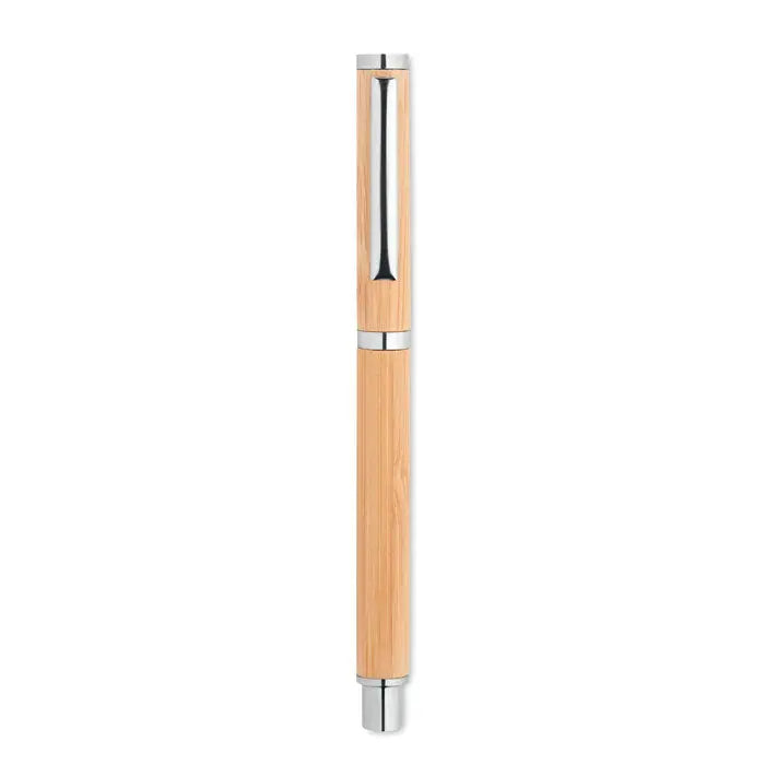 Pen gel din bambus cu design minimalist, accente metalice argintii si corp elegant din bambus natural