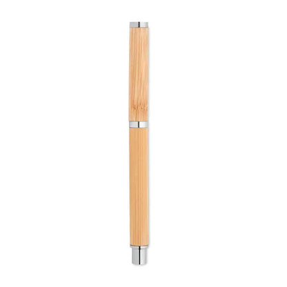 Pen gel din bambus elegant cu accent metalic argintiu la vârf, mijloc și bază