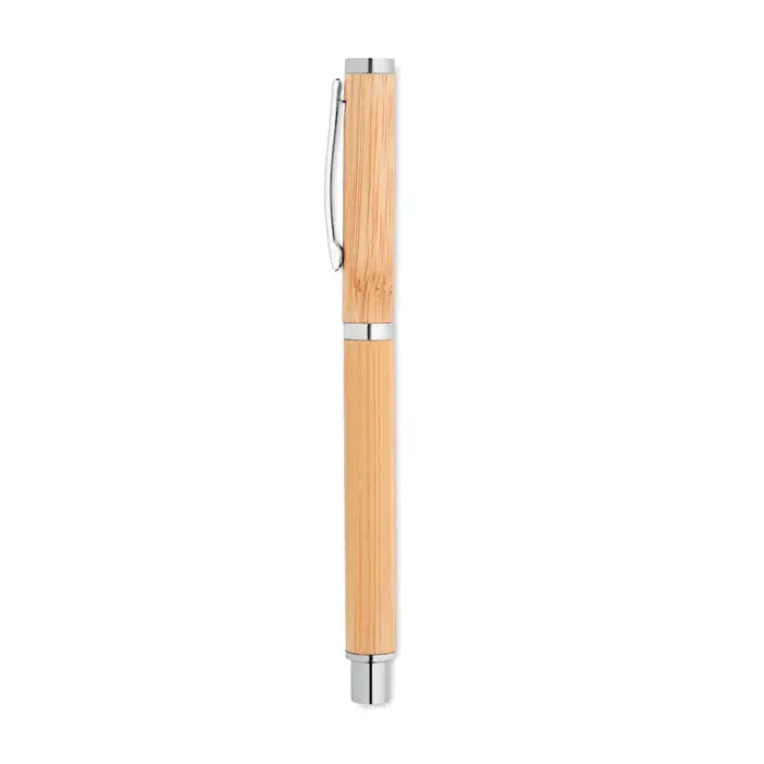 Pen gel din bambus cu accente metalice argintii și clips, stilou elegant din lemn de bambus