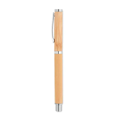 Pen gel din bambus cu accente metalice argintii și clips, stilou elegant din lemn de bambus