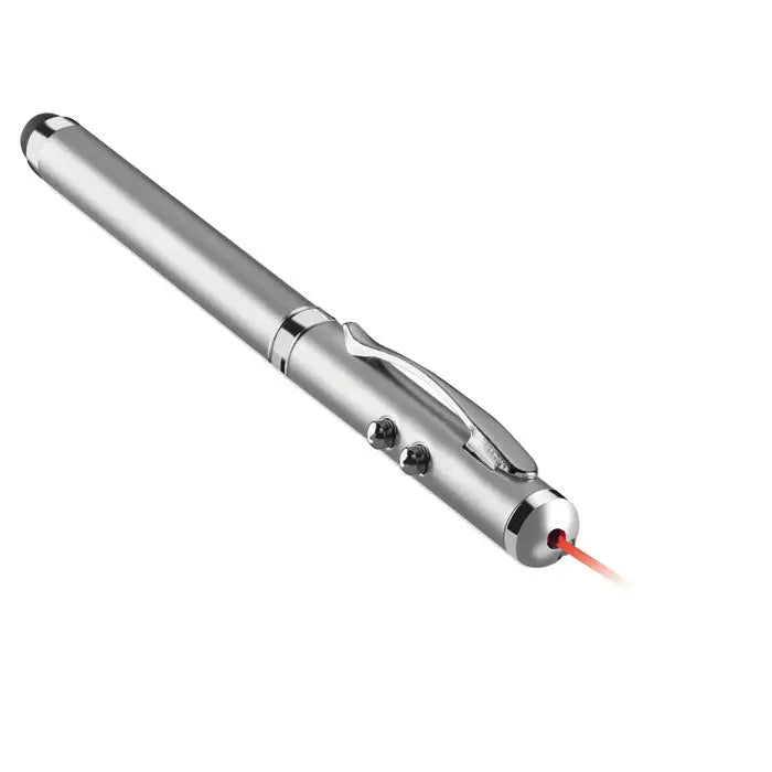 Pen tactil cu indicator laser argintiu cu finisaj metalic si doua butoane laterale pentru prezentari precise