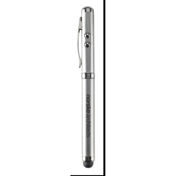 Pen tactil cu indicator laser argintiu din metal cu varf negru si doua butoane circulare inscriptionat norske architekts