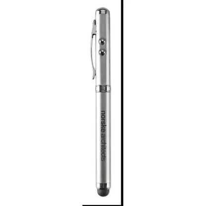 Pen tactil cu indicator laser argintiu din metal cu varf negru si doua butoane circulare inscriptionat norske architekts