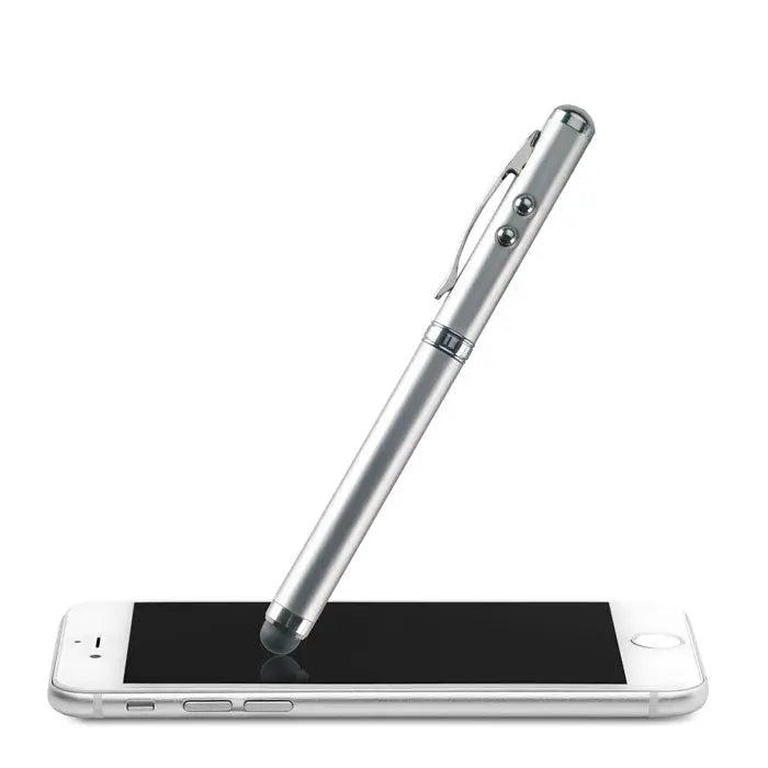 Pen tactil cu indicator laser argintiu metalic cu design cilindric si trei butoane circulare in partea superioara