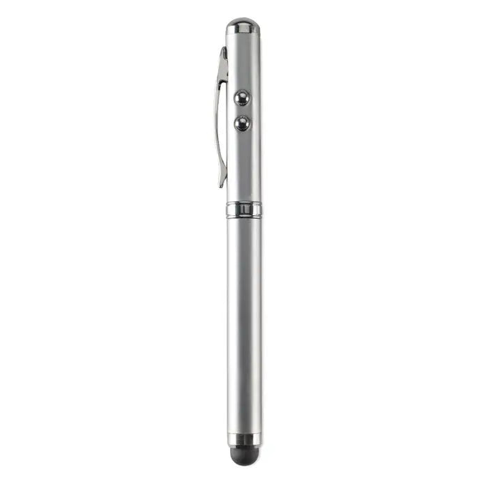 Stylus pen tactil cu indicator laser argintiu metalic design cilindric si doua butoane circulare in partea superioara