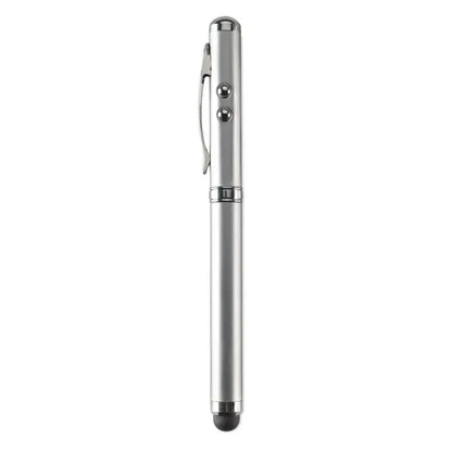 Stylus pen tactil cu indicator laser argintiu metalic design cilindric si doua butoane circulare in partea superioara