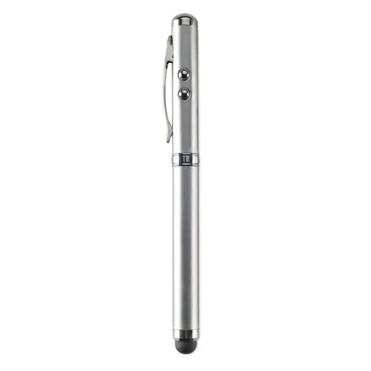Stylus pen tactil cu indicator laser argintiu metalic design cilindric si doua butoane circulare in partea superioara