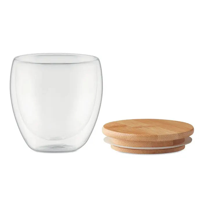Perete dublu 250 ml cana transparenta cu perete dublu din sticla si capac natural din bambus