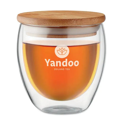 Perete dublu 250 ml cana de ceai din sticla transparenta cu pereti dubli si capac din bambus cu logo yandoo zeiland