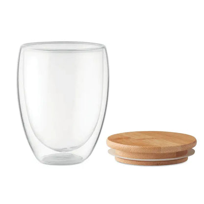 Clear cană de cafea perete dublu 350 ml din sticlă transparentă cu capac natural din bambus