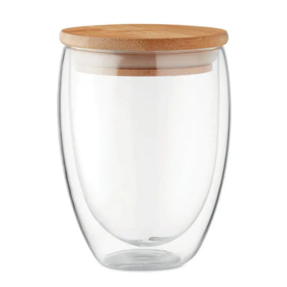 Perete dublu 350 ml pahar de sticlă transparent cu pereți dubli și capac din bambus maro deschis