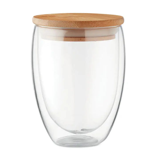 Perete dublu 350 ml pahar de sticlă transparent cu pereți dubli și capac din bambus maro deschis