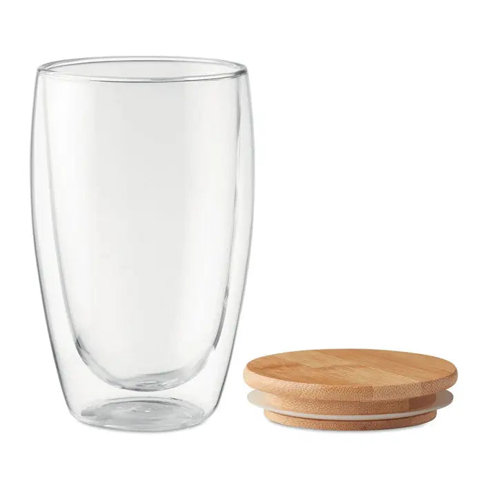 Pahar clar dublu perete 450 ml din sticlă cu capac din bambus pentru băuturi calde și reci