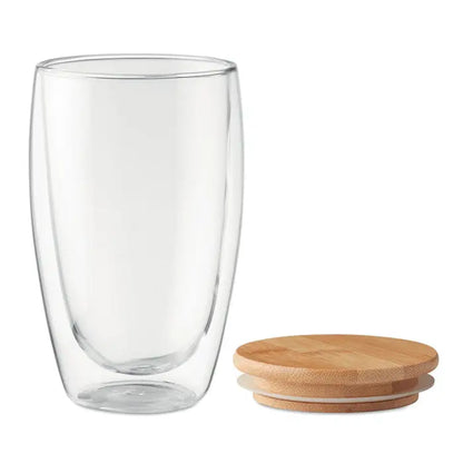 Pahar clar dublu perete 450 ml din sticlă cu capac din bambus pentru băuturi calde și reci