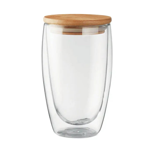 Perete dublu 450 ml pahar din sticlă transparentă cu perete dublu și capac ușor maro din bambus
