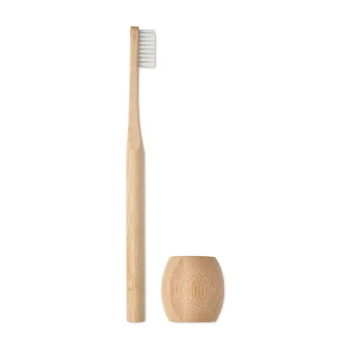 Periuta de dinti din bambus cu peri albi si suport din bambus pentru depozitare ecologica