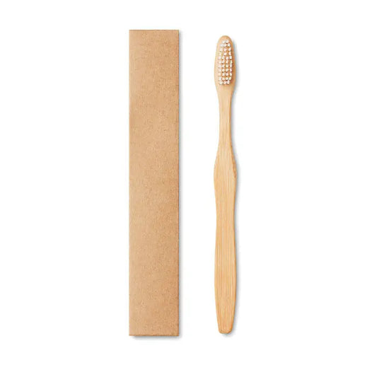 Periuta de dinti din bambus naturala cu peri moi off-white in cutie Kraft pentru igiena orala