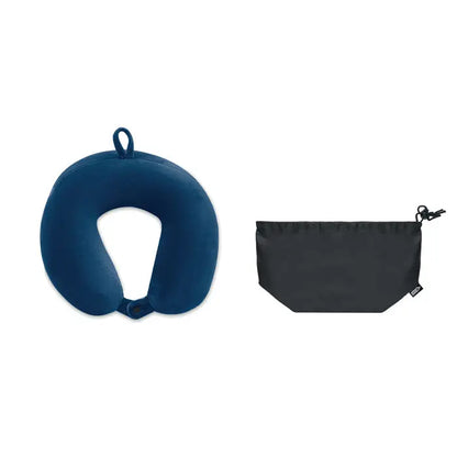Perna de calatorie din spuma memory foam albastru inchis cu bucla din material si curea ajustabila pentru gat