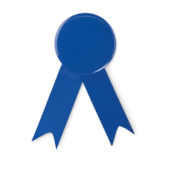 Pin insigna in stil panglica din panglica lucioasa albastru regal cu varfuri ascutite si top circular