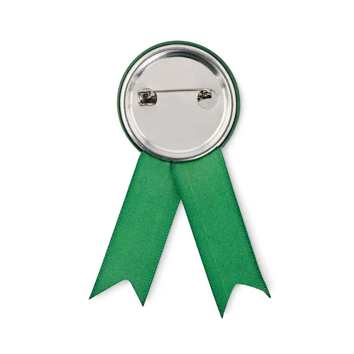 Pin insigna în stil panglică cu fundă verde, spate metalic și prindere cu clama de siguranță