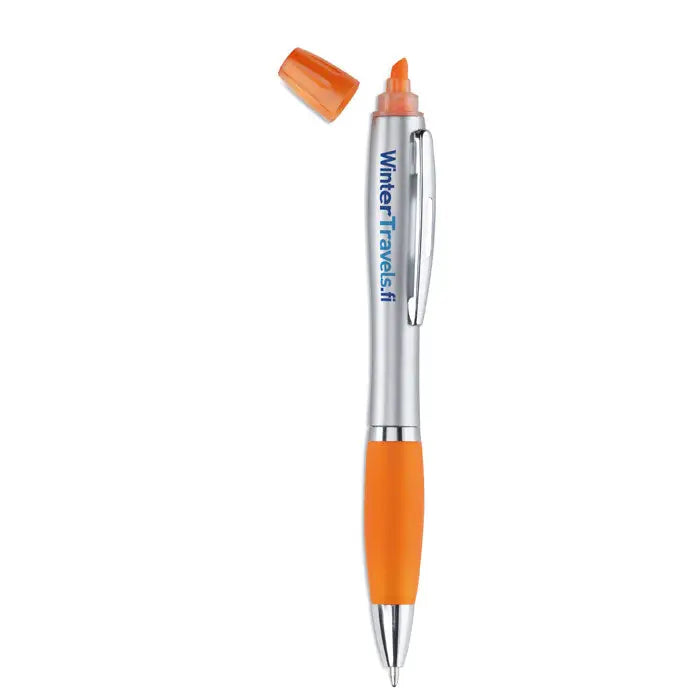 Pix 2 in 1 stilou marker argintiu si portocaliu retractabil cu logo winter travels albastru