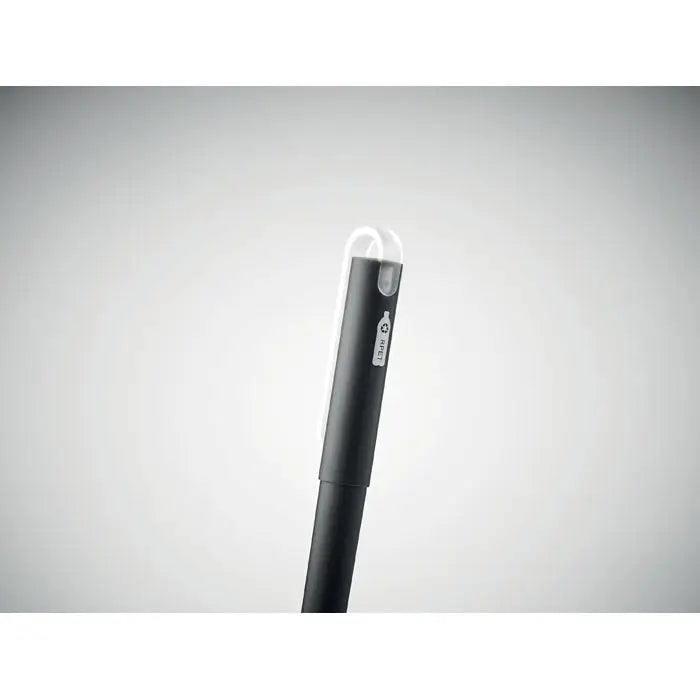 Pix albastru cu cerneala gel rpet cu corp cilindric negru capac transparent si eticheta argintie