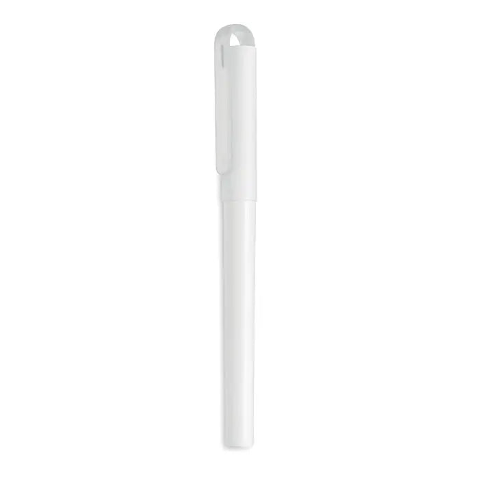 Pix albastru cu cerneala gel rpet cu corp alb din plastic si capac rotund cu design minimalist