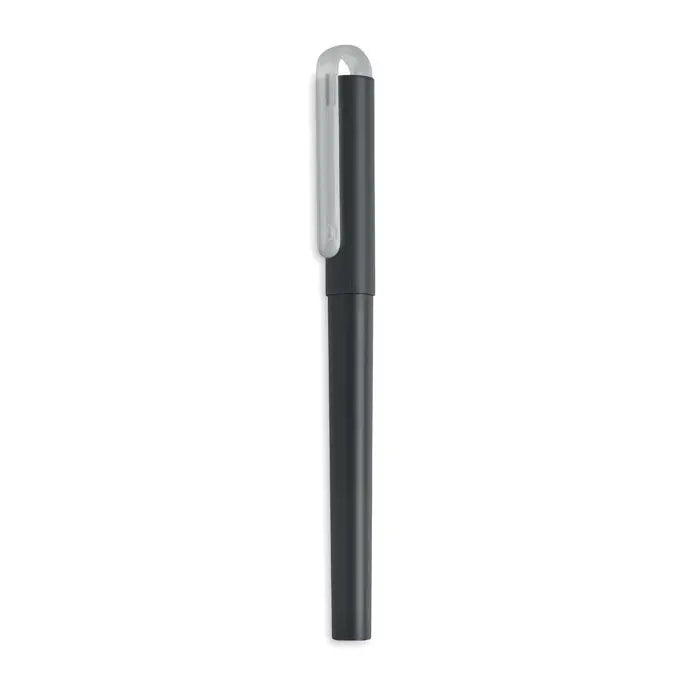 Pix albastru cu cerneala gel rpet cu corp negru din plastic si clips si capac gri translucide